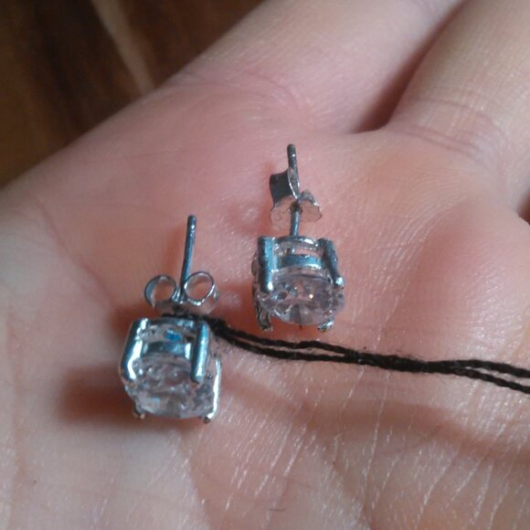 White Cubic Zirconia Sterling Silver Stud Earrings - Picture 8 of 11